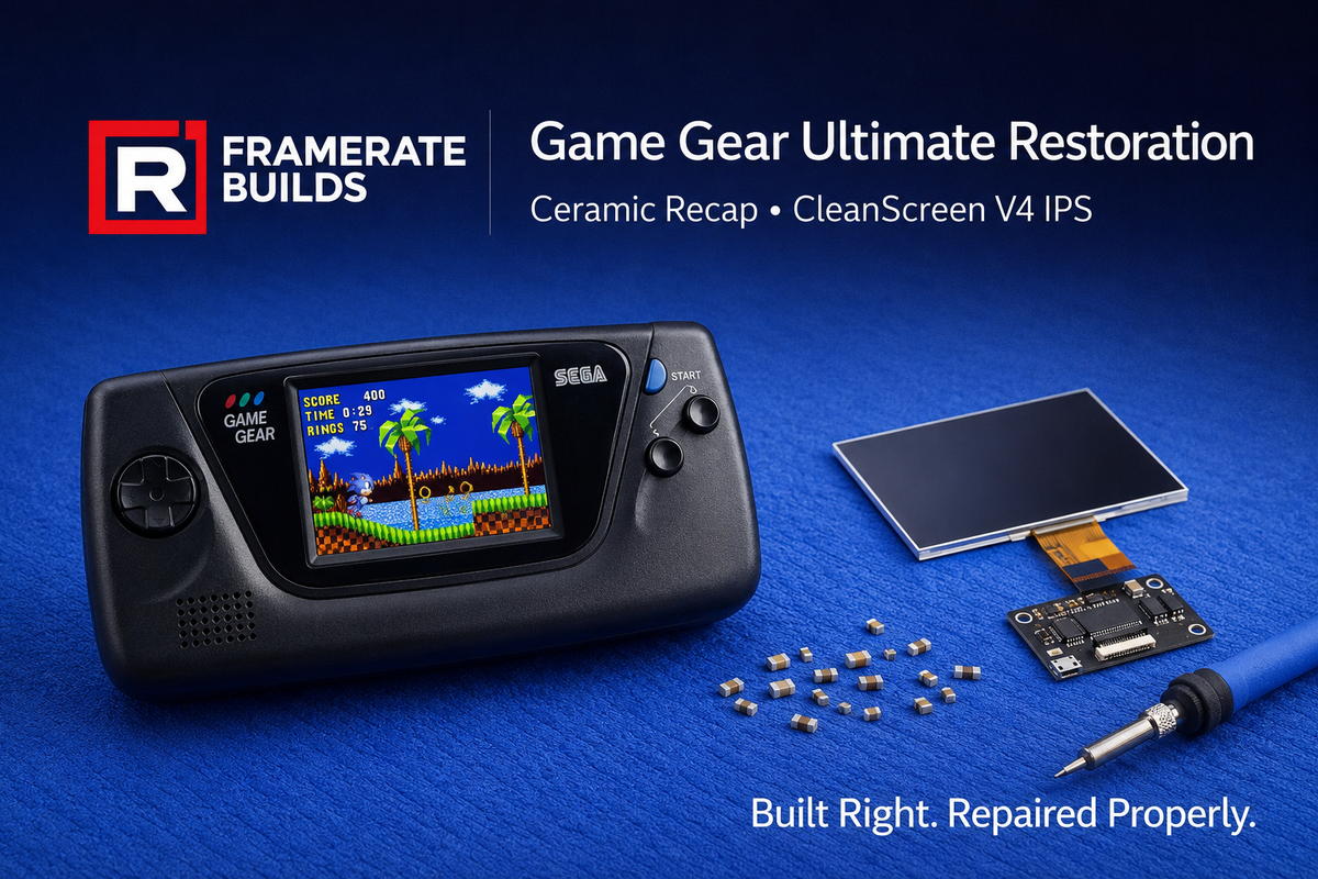SEGA Game Gear ceramic recap and CleanScreen V4 IPS restoration service
