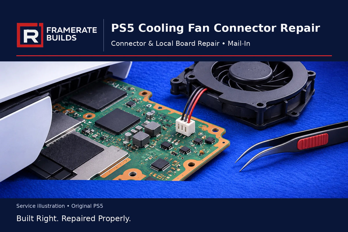 Illustration of a PS5 motherboard fan connector and cooling fan for the FrameRate Builds connector repair service