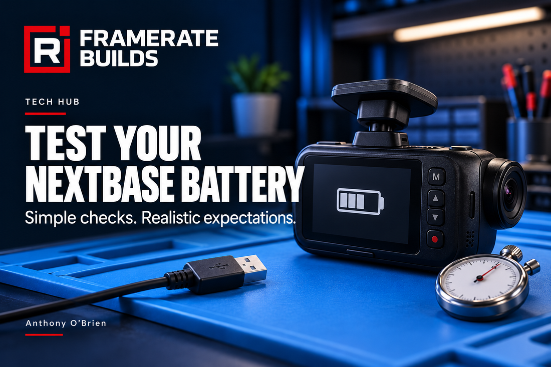 FrameRate Builds illustration of a dash cam, USB lead and stopwatch for Anthony O’Brien’s controlled battery test guide.