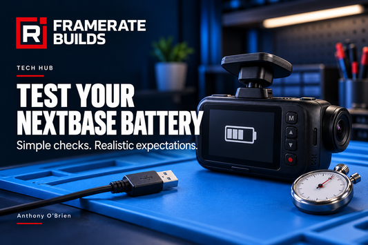 FrameRate Builds illustration of a dash cam, USB lead and stopwatch for Anthony O’Brien’s controlled battery test guide.