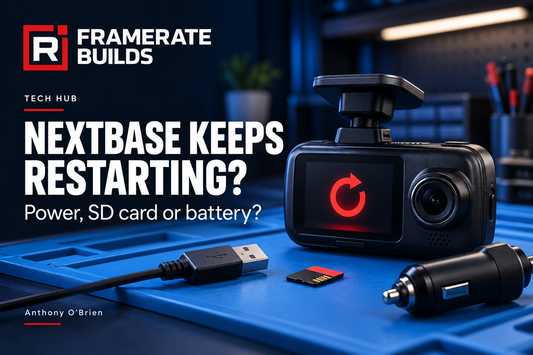 FrameRate Builds illustration of a dash cam, microSD card and power leads for Anthony O’Brien’s restarting troubleshooting guide.