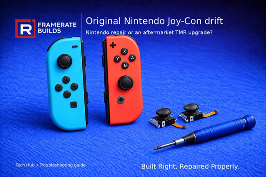 FrameRate Builds Nintendo Switch Joy-Con stick drift troubleshooting guide illustration on a blue repair mat