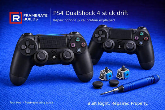 FrameRate Builds PS4 DualShock 4 stick drift troubleshooting guide illustration on a blue repair mat