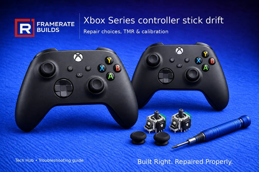 FrameRate Builds Xbox Series X/S stick drift troubleshooting guide illustration on a blue repair mat