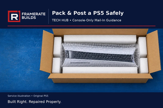 Illustration of a PS5 cushioned in a sturdy shipping box for the FrameRate Builds packing guide