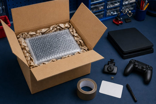 Electronic device safely wrapped inside a sturdy cardboard box for a UK mail-in repair
