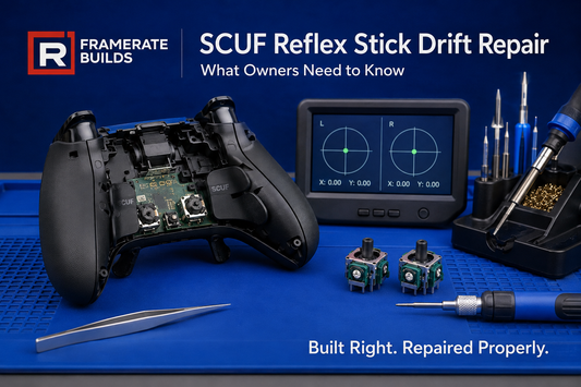 SCUF Reflex controller opened for analogue-stick replacement and calibration