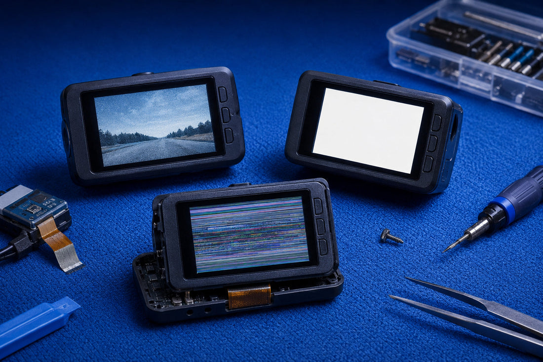 Dash camera screens showing frozen, white and glitching display faults