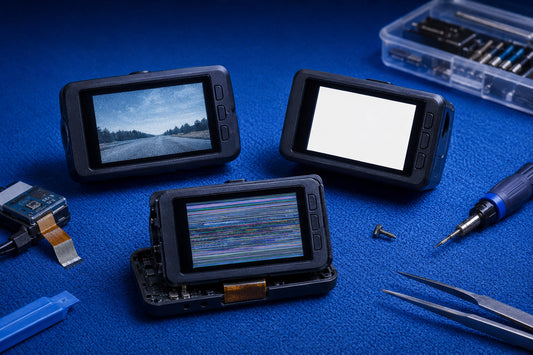 Dash camera screens showing frozen, white and glitching display faults