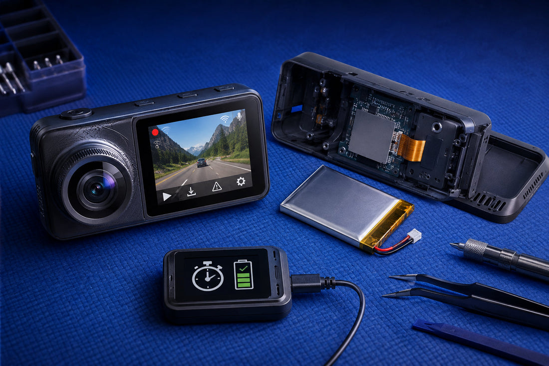 Modern dash camera opened beside its battery and test equipment