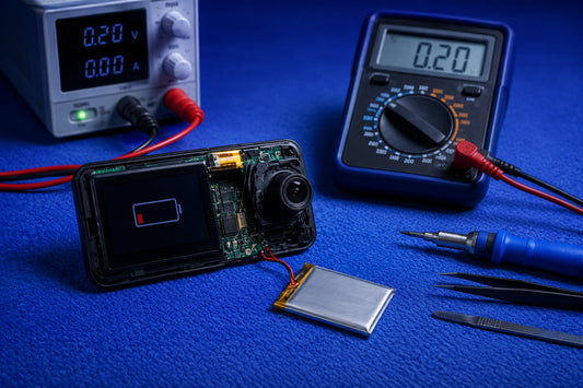 Opened dash camera and battery undergoing voltage diagnosis