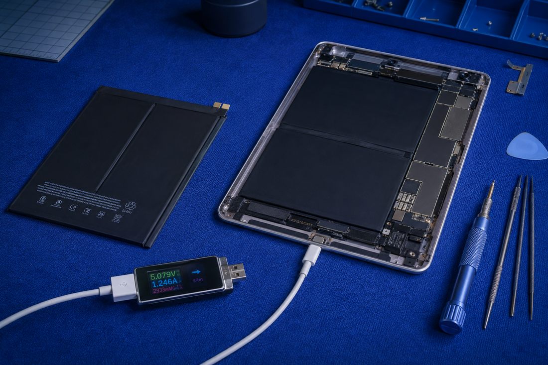 Opened iPad, replacement battery and USB power testing equipment