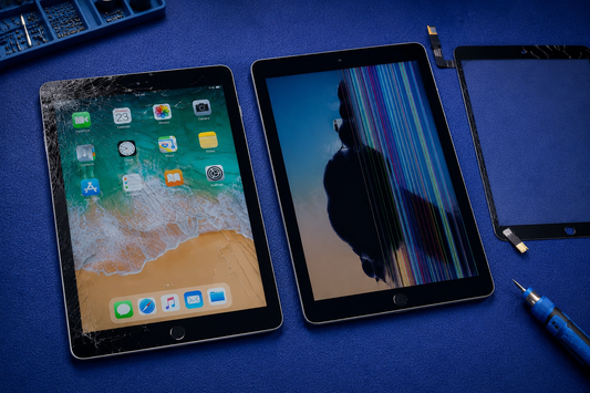 Cracked iPad glass compared with a damaged LCD display