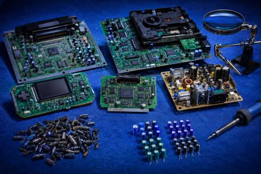 Multiple retro console circuit boards with old and replacement capacitors