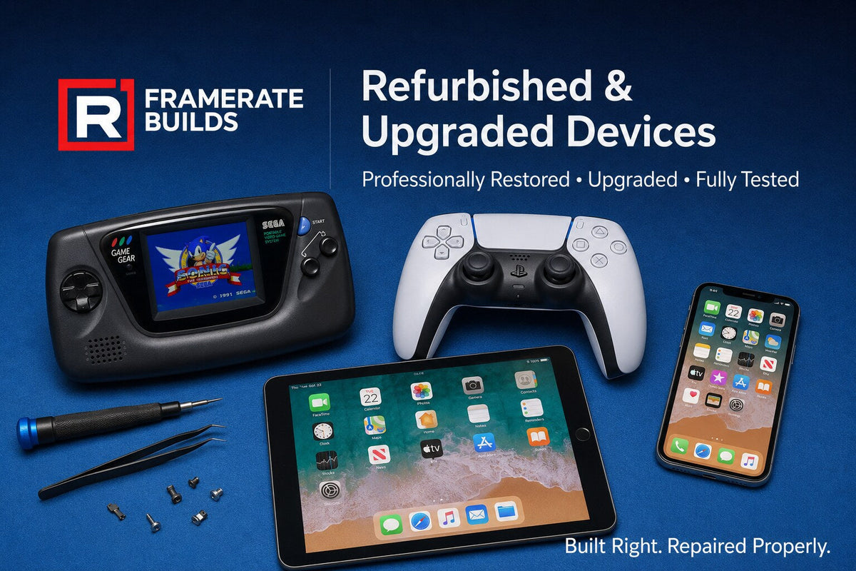 Refurbished and upgraded devices including Game Gear, controller, iPad and phone