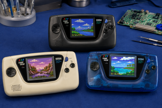 Illustrative custom SEGA Game Gear builds in black, cream and sapphire blue