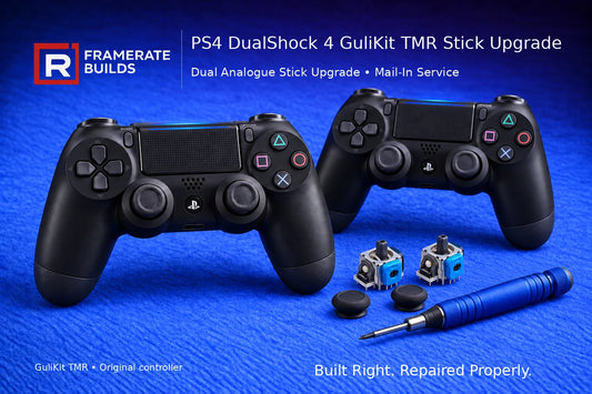 FrameRate Builds PS4 DualShock 4 GuliKit TMR mail-in upgrade illustration with replacement stick modules on a blue repair mat