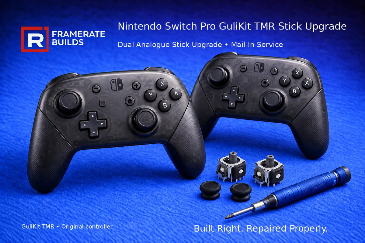 FrameRate Builds Nintendo Switch Pro GuliKit TMR mail-in upgrade illustration with replacement stick modules on a blue repair mat