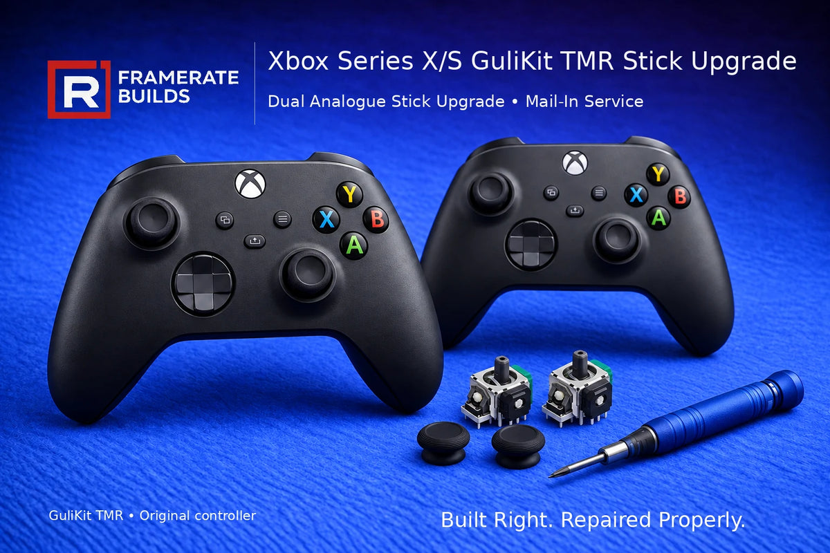 FrameRate Builds Xbox Series X/S GuliKit TMR mail-in upgrade illustration with replacement stick modules on a blue repair mat