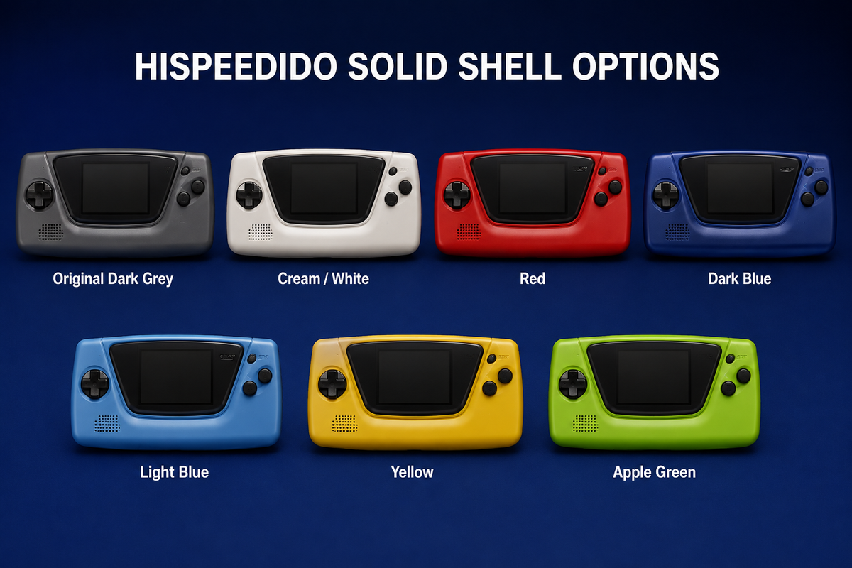 Illustrative Hispeedido Game Gear solid shell guide: dark grey, cream, red, dark blue, light blue, yellow and apple green