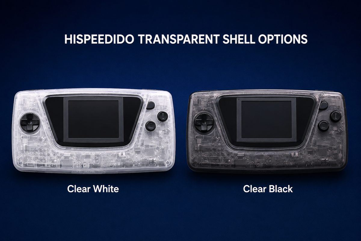 Illustrative Hispeedido Game Gear transparent shell guide: clear white and clear black