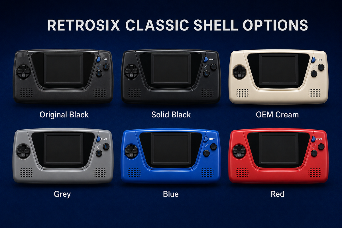 Illustrative RetroSix Game Gear classic shell guide: original black, solid black, OEM cream, grey, blue and red