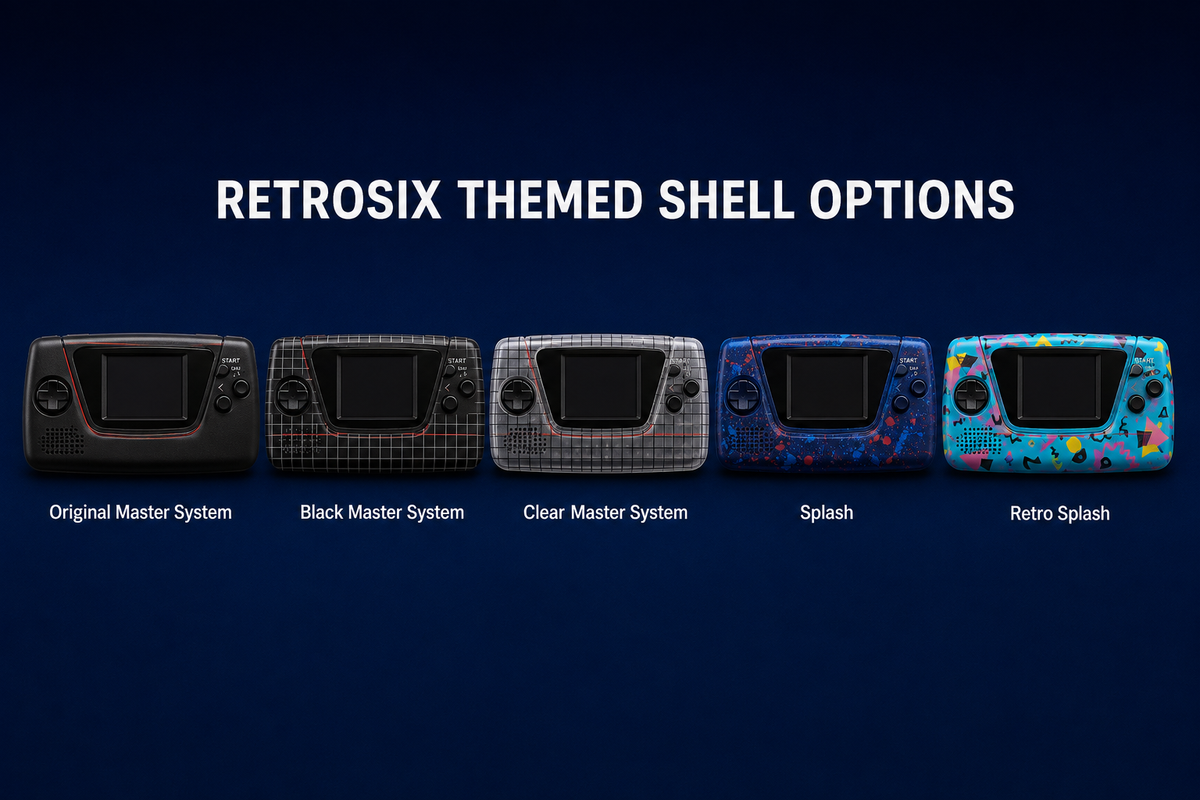 Illustrative RetroSix Game Gear themed shell guide: Master System and splash designs