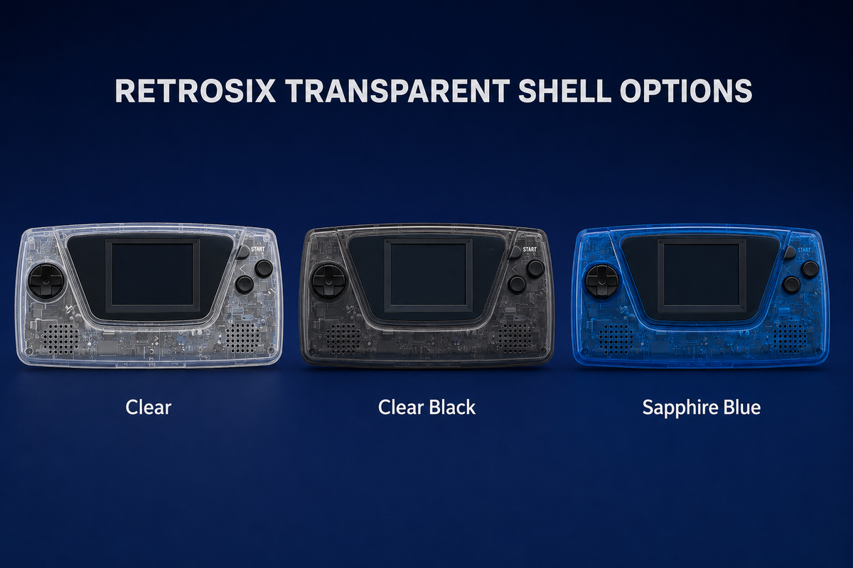 Illustrative RetroSix Game Gear transparent shell guide: clear, clear black and sapphire blue