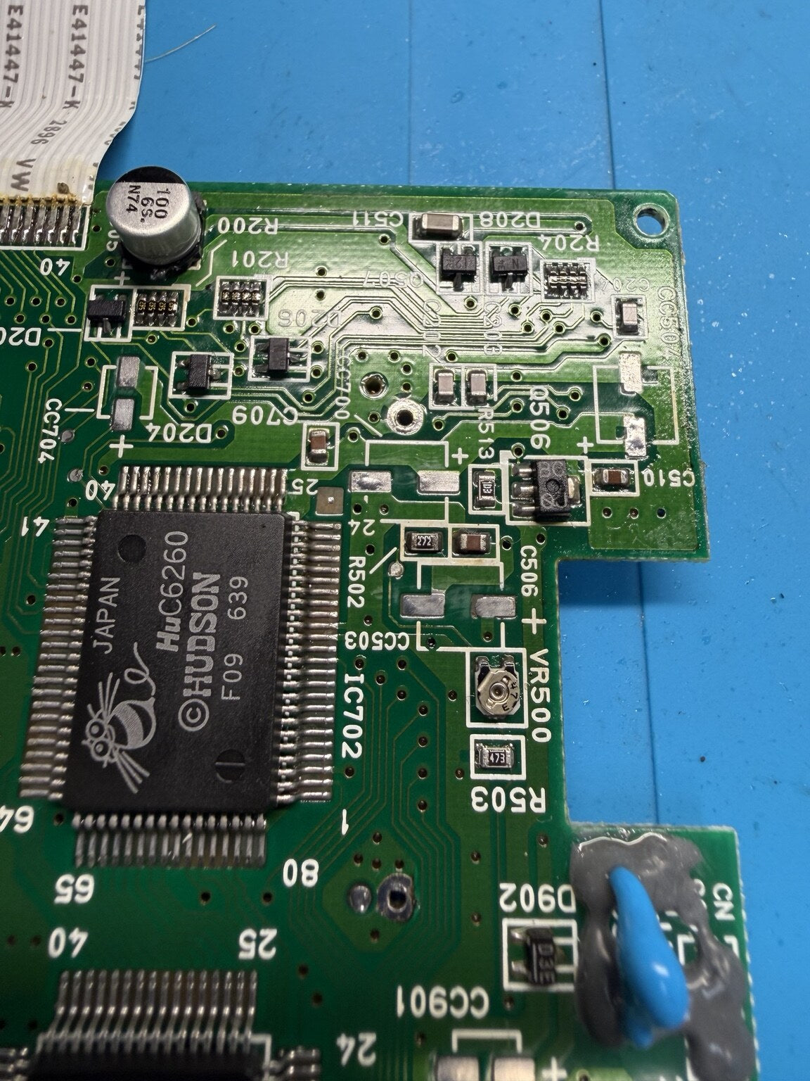 PC Engine GT PCB after old capacitors were removed and the pads thoroughly cleaned