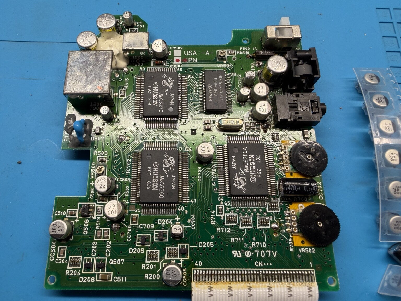 PC Engine GT motherboard with original ageing electrolytic capacitors before recap