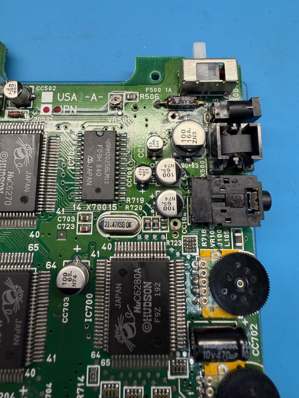 New capacitors fitted neatly around the PC Engine GT audio and control circuitry