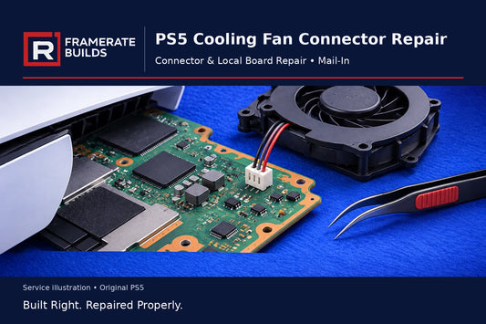 Illustration of a PS5 motherboard fan connector and cooling fan for the FrameRate Builds connector repair service