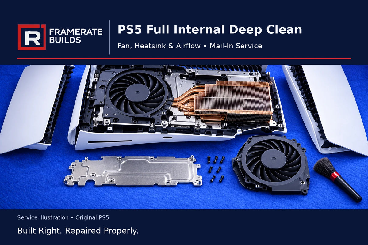 Illustration of original PS5 cooling components and cleaning tools for the FrameRate Builds deep-clean mail-in service