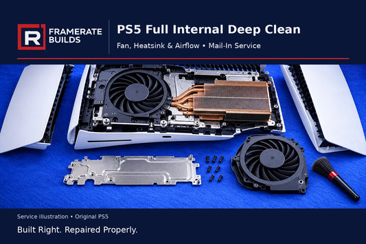 Illustration of original PS5 cooling components and cleaning tools for the FrameRate Builds deep-clean mail-in service
