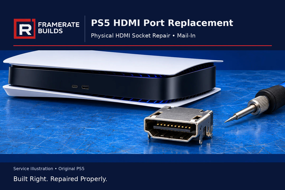 Illustration of an original PS5 and HDMI replacement connector for the FrameRate Builds mail-in service