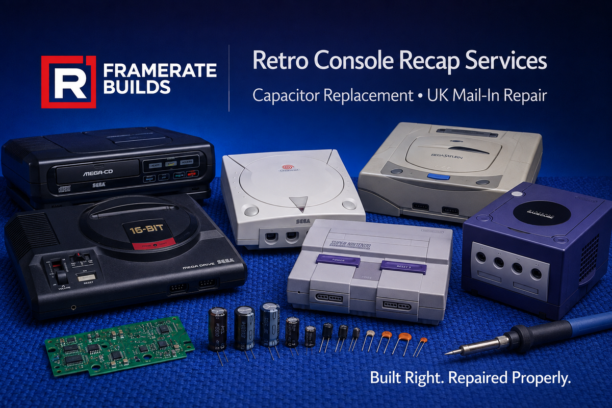 Retro console capacitor replacement services for Mega Drive, Dreamcast, Saturn, Mega-CD, SNES and GameCube